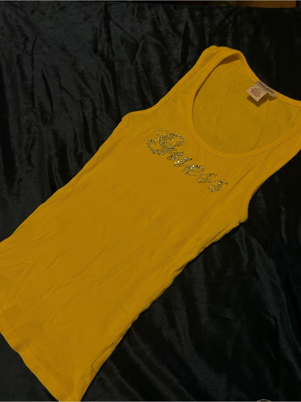 Guess Yellow Rhinestone Logo Tank Top
